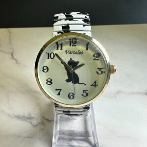 3/$30 Cat Watch Women Gold Tone Black White Band Stetch Band  6.75 Inch